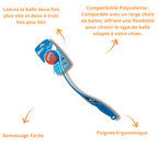 Lanceur bleu présenté avec ses atouts : ramassage facile, poignée ergonomique