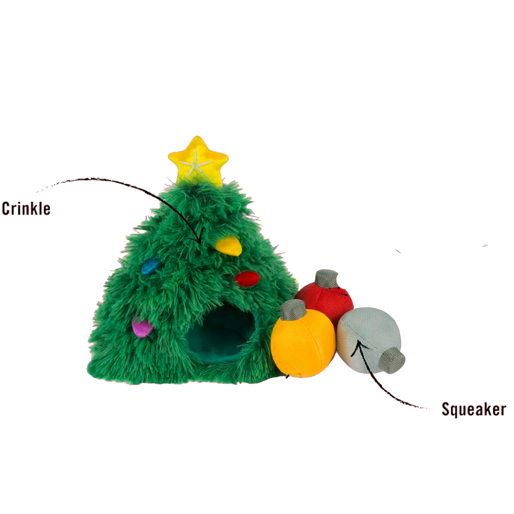Sapin avec zones crinkle et couineur, décorations à cacher