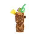 Verre tiki marron sculpté, paille verte et ananas jaune