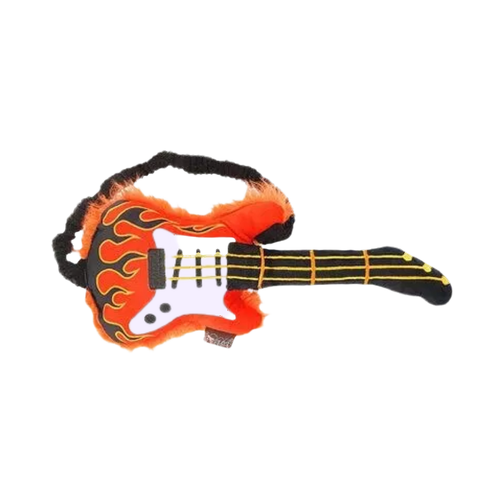 Guitare orange à flammes et manche noir frangé