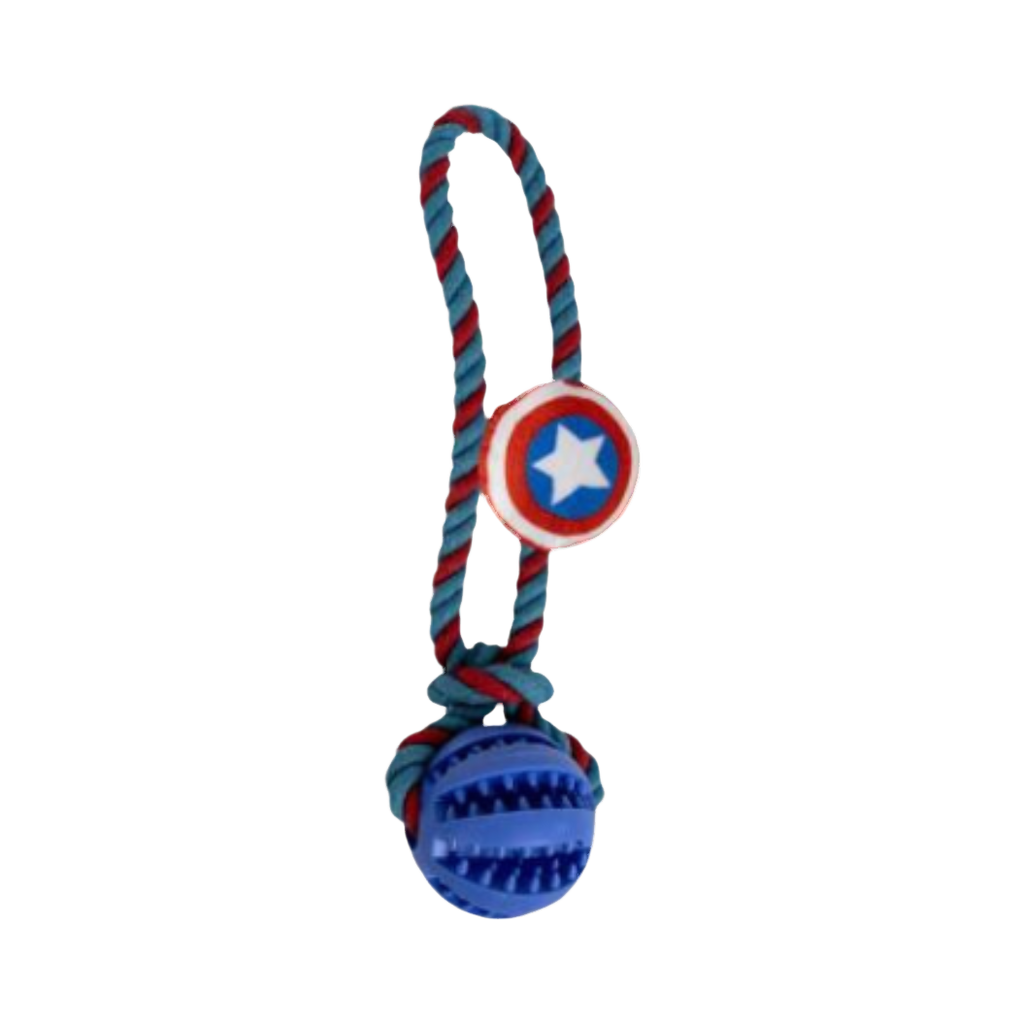 Corde tressée rouge et bleue avec bouclier étoilé et balle bleue