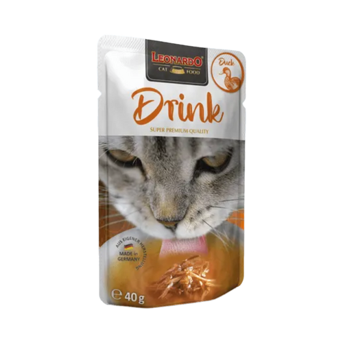 Sachet orange Leonardo Drink avec chat qui lèche
