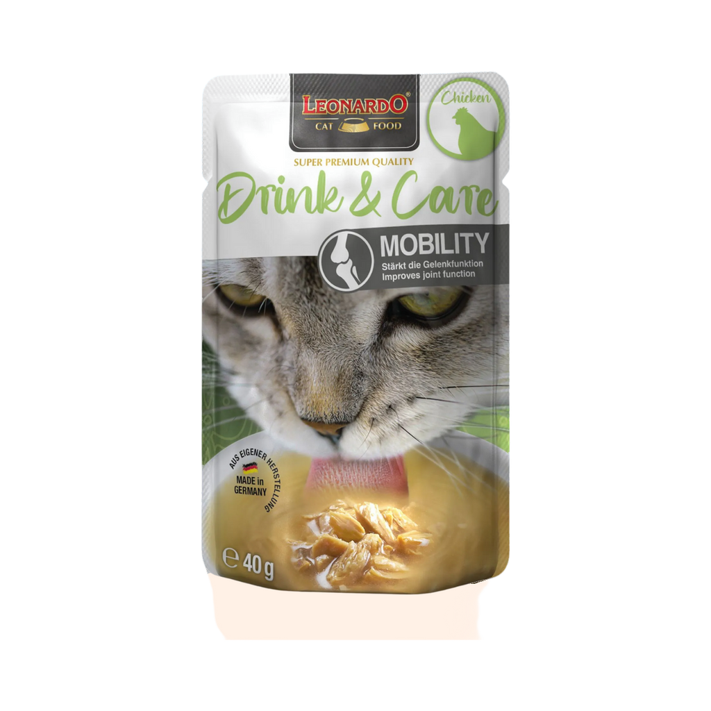 Sachet vert Leonardo Drink & Care Mobility avec chat