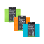 Trois grands tapis vert, orange et bleu dans leur emballage