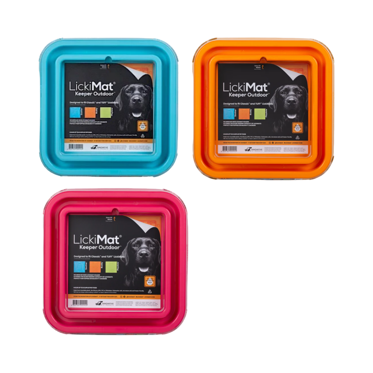 Trois supports turquoise, orange et framboise emballés