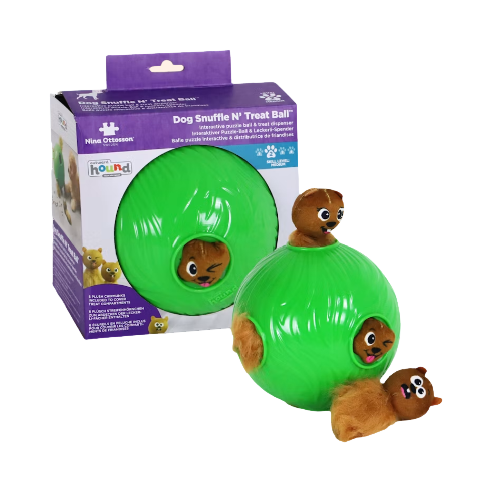Balle verte, écureuils en peluche et boîte d'emballage violette
