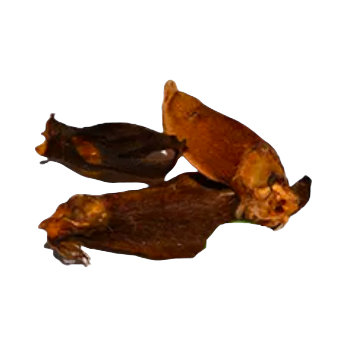 Trois oreilles d'agneau séchées avec leur fourrure brune