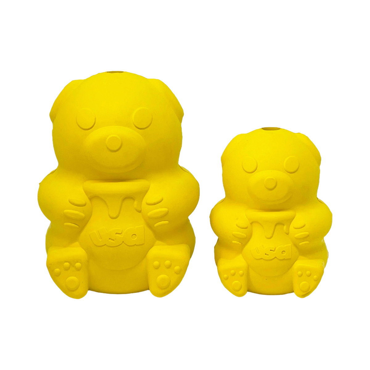 Ourson jaune en caoutchouc en deux tailles, vu de face