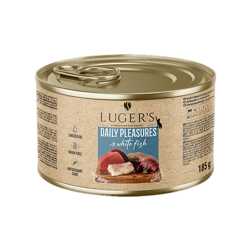Pâtée pour chat au poisson blanc et aux viandes Luger's – boîte de 185 g