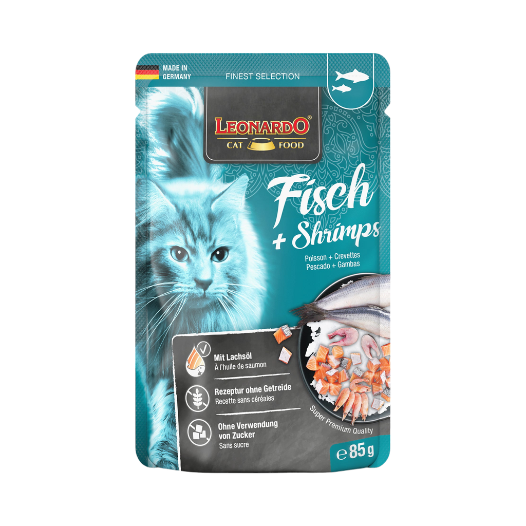 Sachet Leonardo Fisch + Shrimps bleu avec un chat