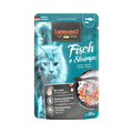 Sachet Leonardo Fisch + Shrimps bleu avec un chat