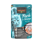 Sachet Leonardo Fisch + Shrimps bleu avec un chat