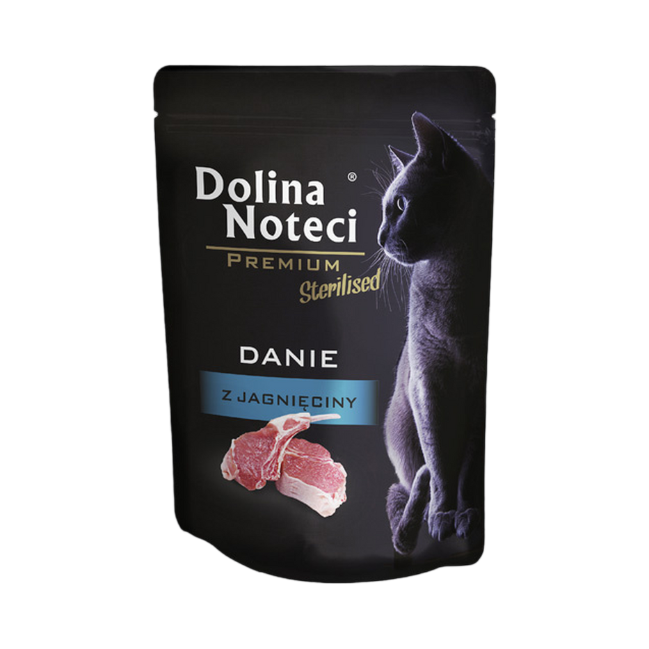 Sachet noir Dolina Noteci Premium Dishes Sterilised, bandeau bleu et viande d'agneau – pâtée pour chat 85 g
