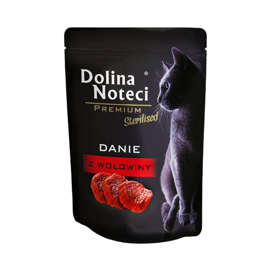 Sachet noir Dolina Noteci Premium Dishes Sterilised, bandeau rouge et viande de bœuf – pâtée pour chat 85 g