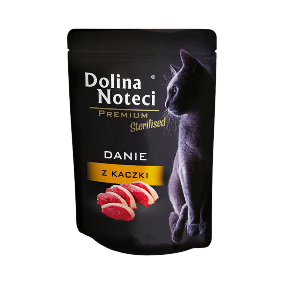 Sachet noir Dolina Noteci Premium Dishes Sterilised, bandeau jaune et filet de canard – pâtée pour chat 85 g