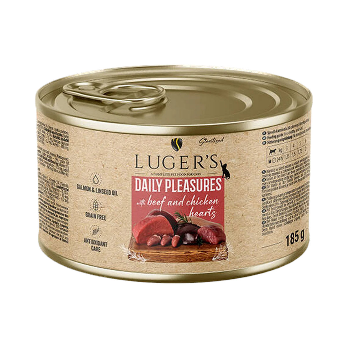 Pâtée pour chat stérilisé au bœuf et aux cœurs de poulet Luger's – boîte de 185 g