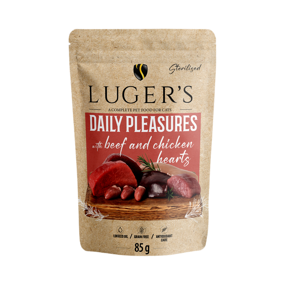 Pâtée pour chat stérilisé au bœuf et aux cœurs de poulet Luger's – sachet de 85 g