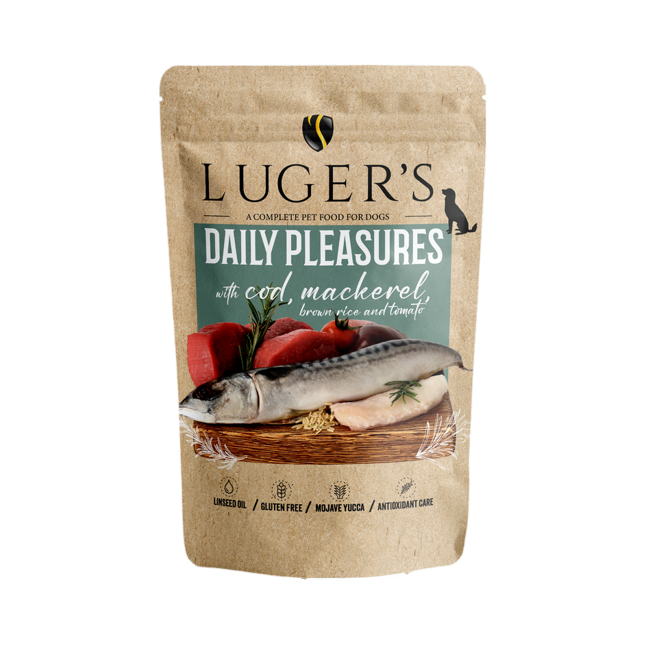 Pâtée Luger's Daily Pleasures morue, maquereau, riz brun et tomate – sachet 500 g
