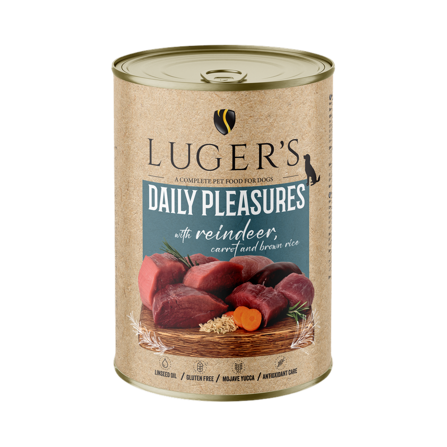 Pâtée Luger's Daily Pleasures renne, carotte et riz brun – boîte 400 g