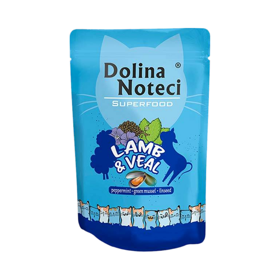 Sachet bleu Dolina Noteci Superfood Lamb & Veal illustré, pâtée pour chat agneau et veau de 85 g