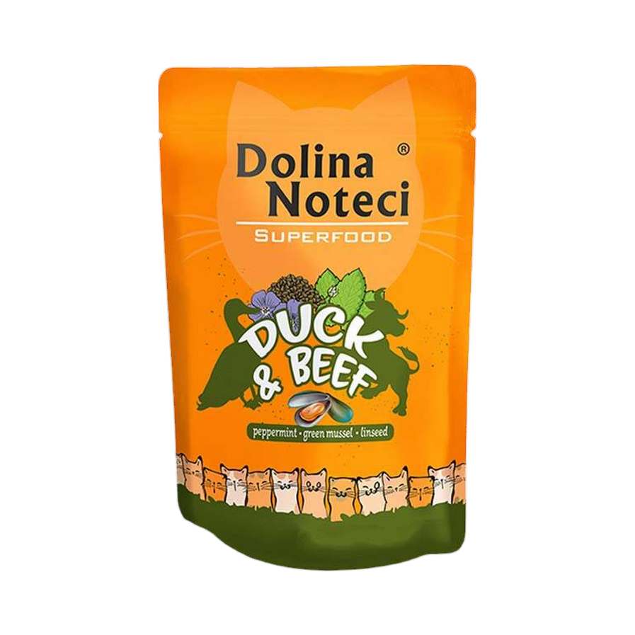 Sachet orange Dolina Noteci Superfood Duck & Beef illustré, pâtée pour chat canard et bœuf de 85 g