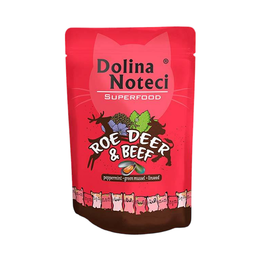 Sachet rouge Dolina Noteci Superfood Roe Deer & Beef illustré, pâtée pour chat chevreuil et bœuf de 85 g