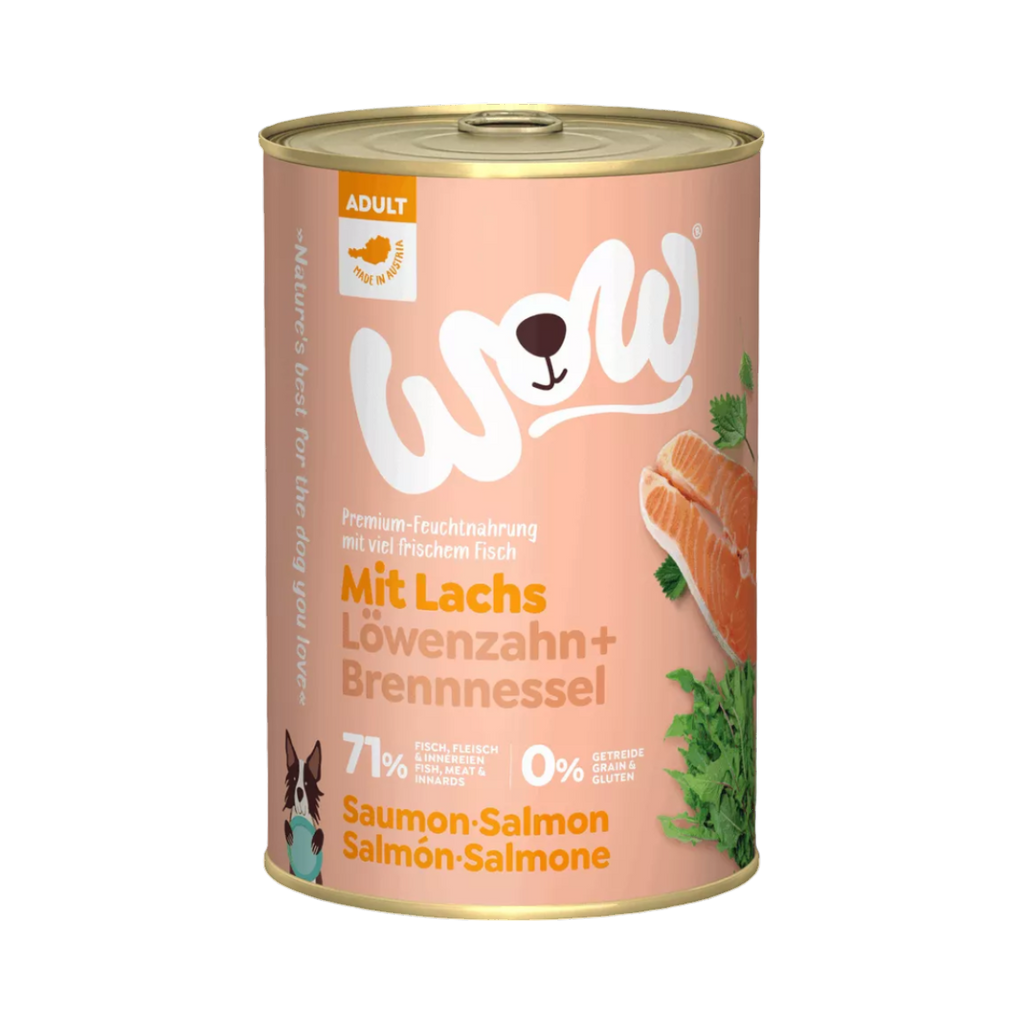 Boîte de conserve saumonée WOW Mit Lachs avec feuilles vertes