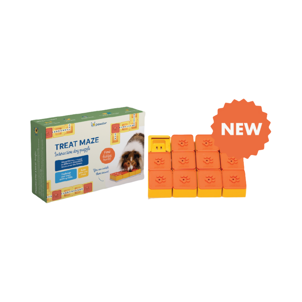 Emballage coloré et puzzle orange à six cases avec badge NEW