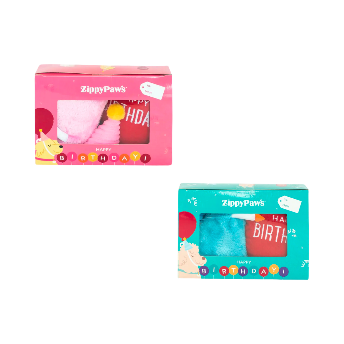 Boîtes rose et turquoise du kit d'anniversaire côte à côte