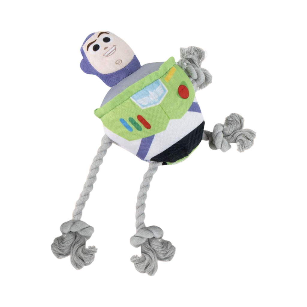 Astronaute en peluche de trois quarts, cordes nouées