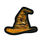 Chapeau pointu brun et doré au bord noir, vu de face