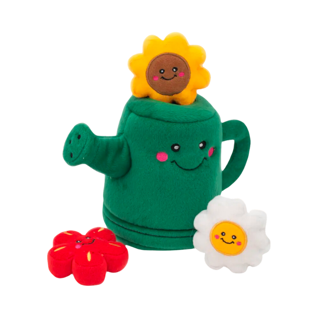 Arrosoir vert souriant avec tournesol, marguerite et fleur rouge