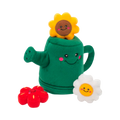 Arrosoir vert souriant avec tournesol, marguerite et fleur rouge