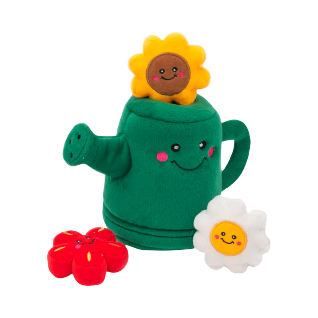 Arrosoir vert souriant avec tournesol, marguerite et fleur rouge