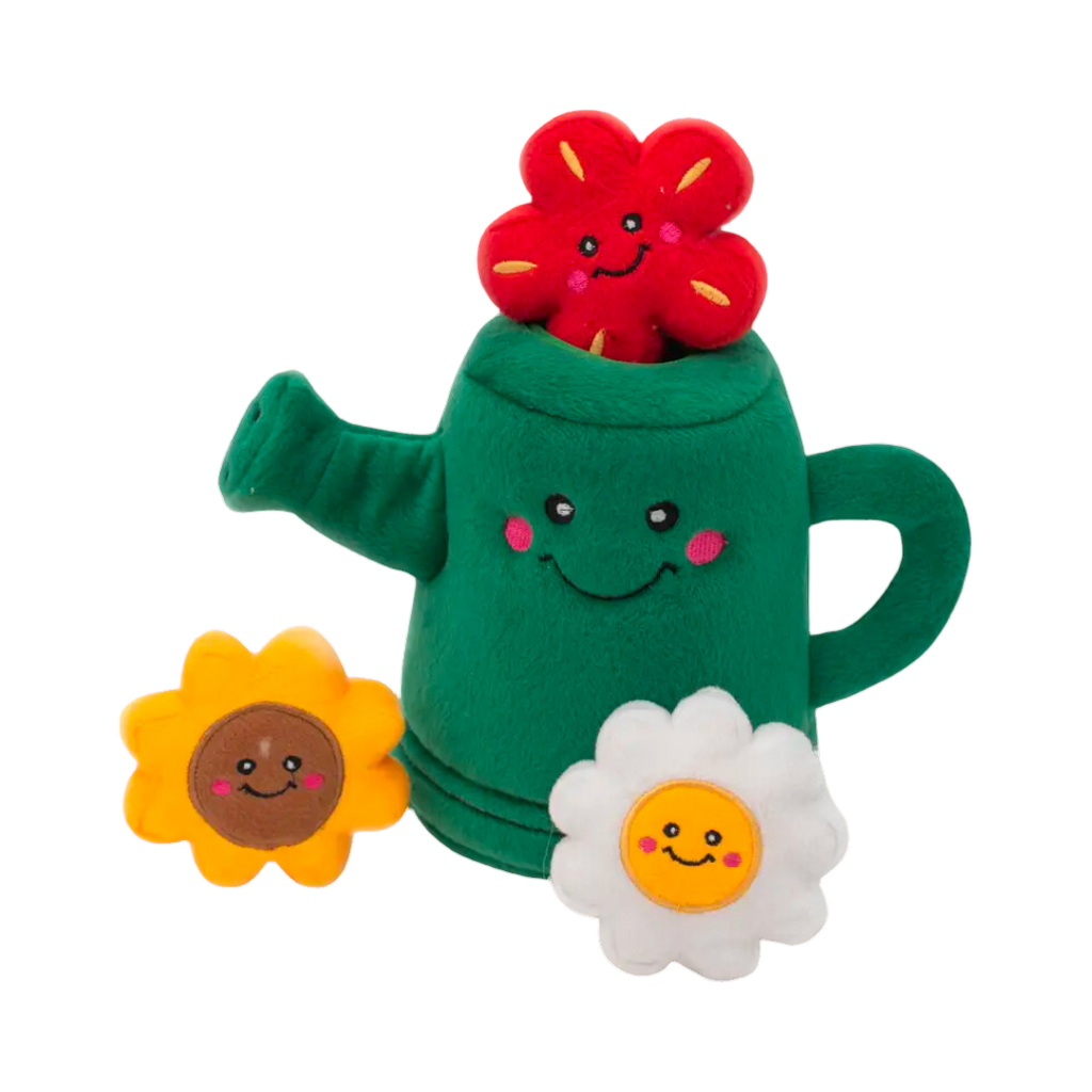 Arrosoir vert, fleur rouge dans le bec, tournesol et marguerite devant