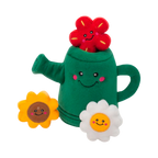 Arrosoir vert, fleur rouge dans le bec, tournesol et marguerite devant