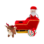 Traîneau rouge et or avec Santa, un renne et un cadeau
