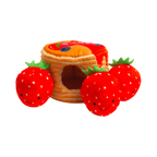 Pile de pancakes nappée avec trois fraises rouges souriantes