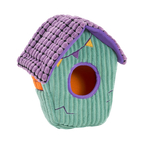 Maison hantée seule vue de biais, toit violet et entrée ronde