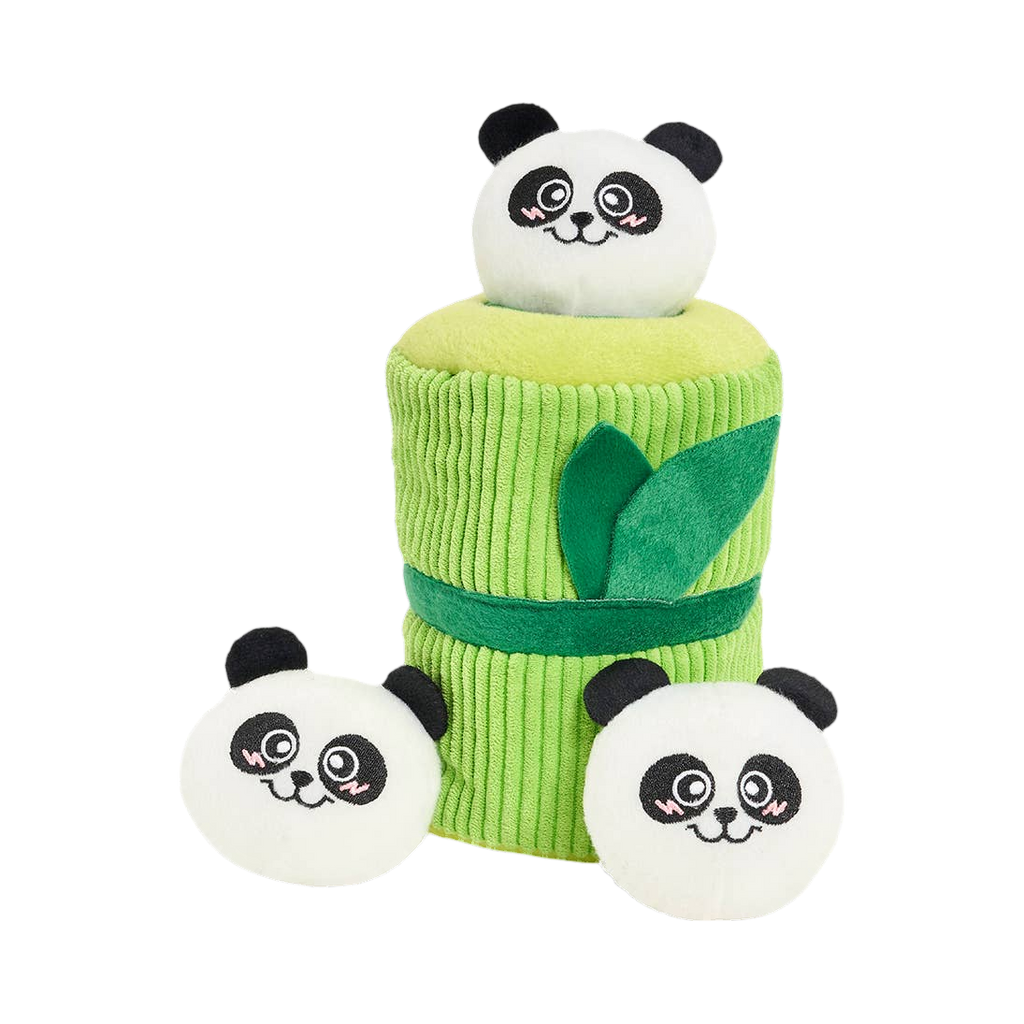 Tube de bambou vert et trois pandas à cacher