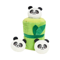 Tube de bambou vert et trois pandas à cacher