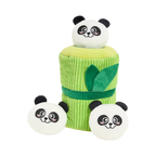 Tube de bambou vert et trois pandas à cacher