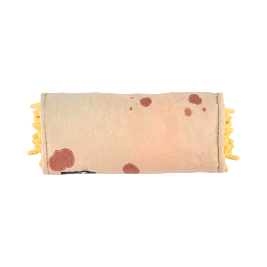 Burrito à moitié déroulé montrant son visage et sa garniture