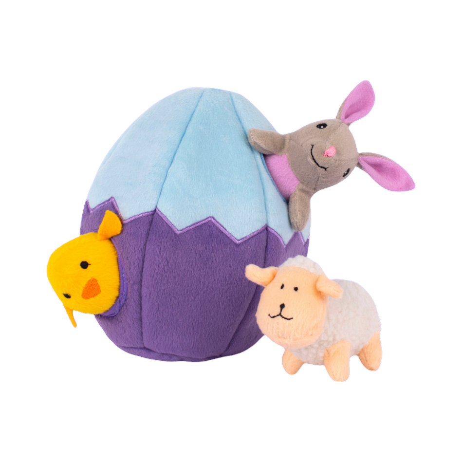 Coquille violette et bleue avec poussin, lapin et mouton