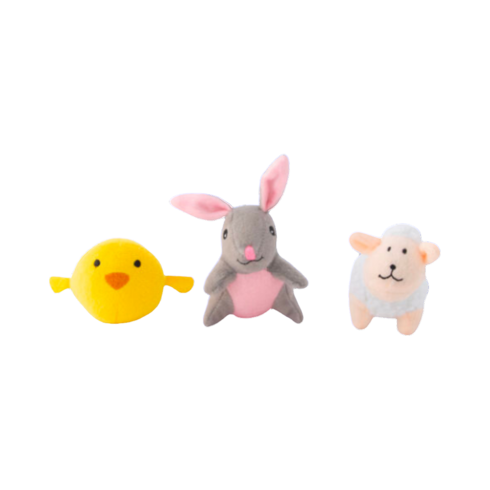 Poussin jaune, lapin gris et mouton blanc à cacher