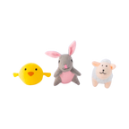 Poussin jaune, lapin gris et mouton blanc à cacher