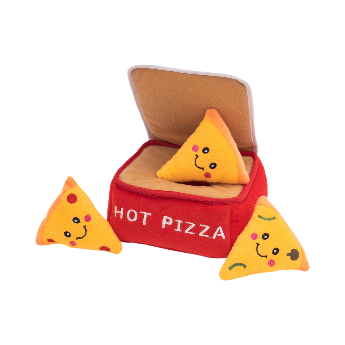 Boîte Hot Pizza rouge ouverte avec parts de pizza souriantes