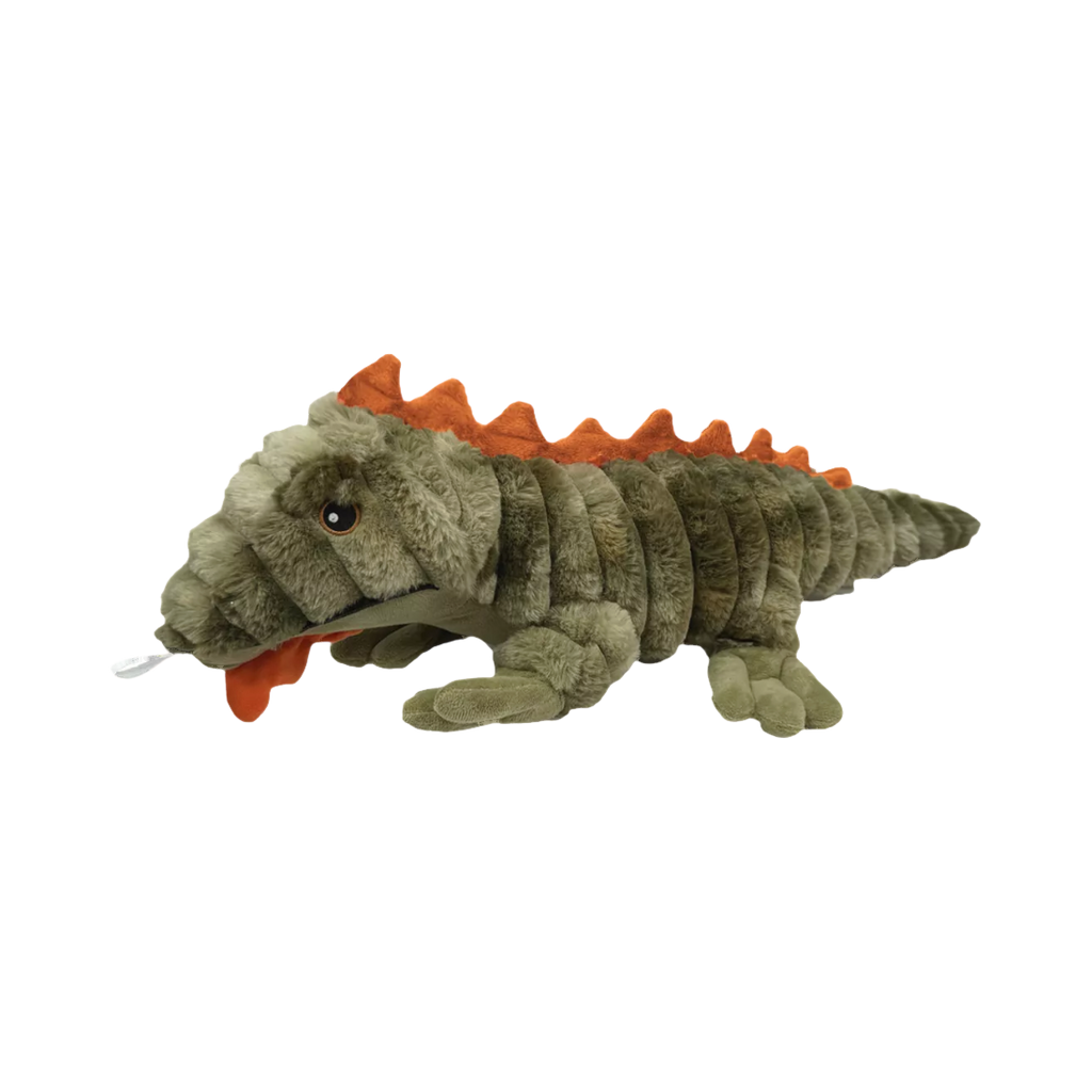 Lézard kaki à crête orange et langue rouge tirée