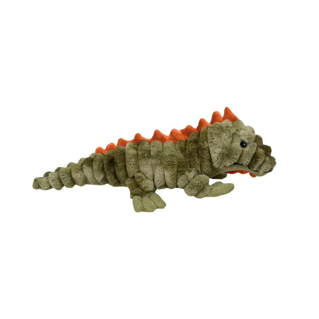 Lézard kaki allongé de profil, crête orange sur le dos