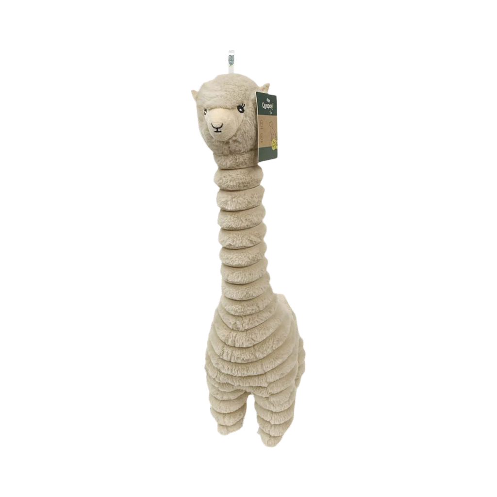 Lama beige vu de face avec étiquette cartonnée